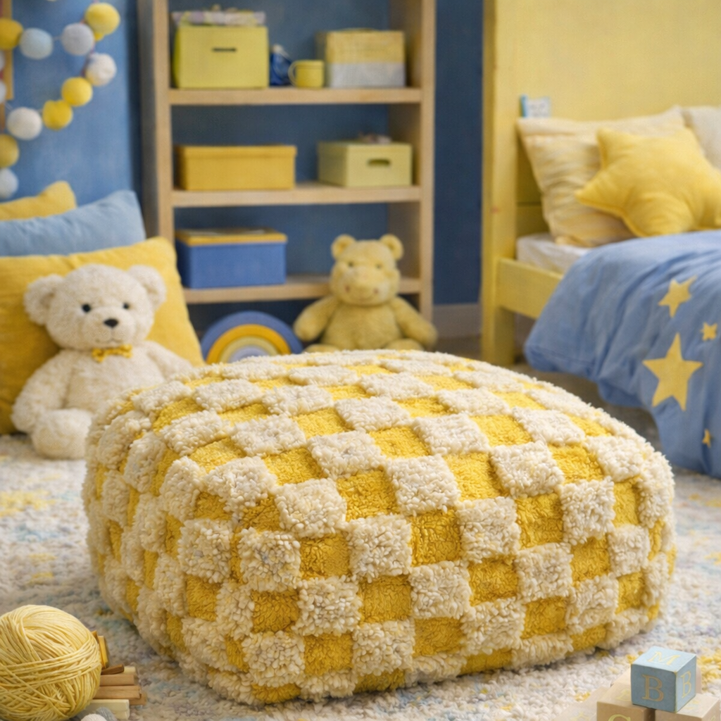 Vlněný puf kostka žlutá