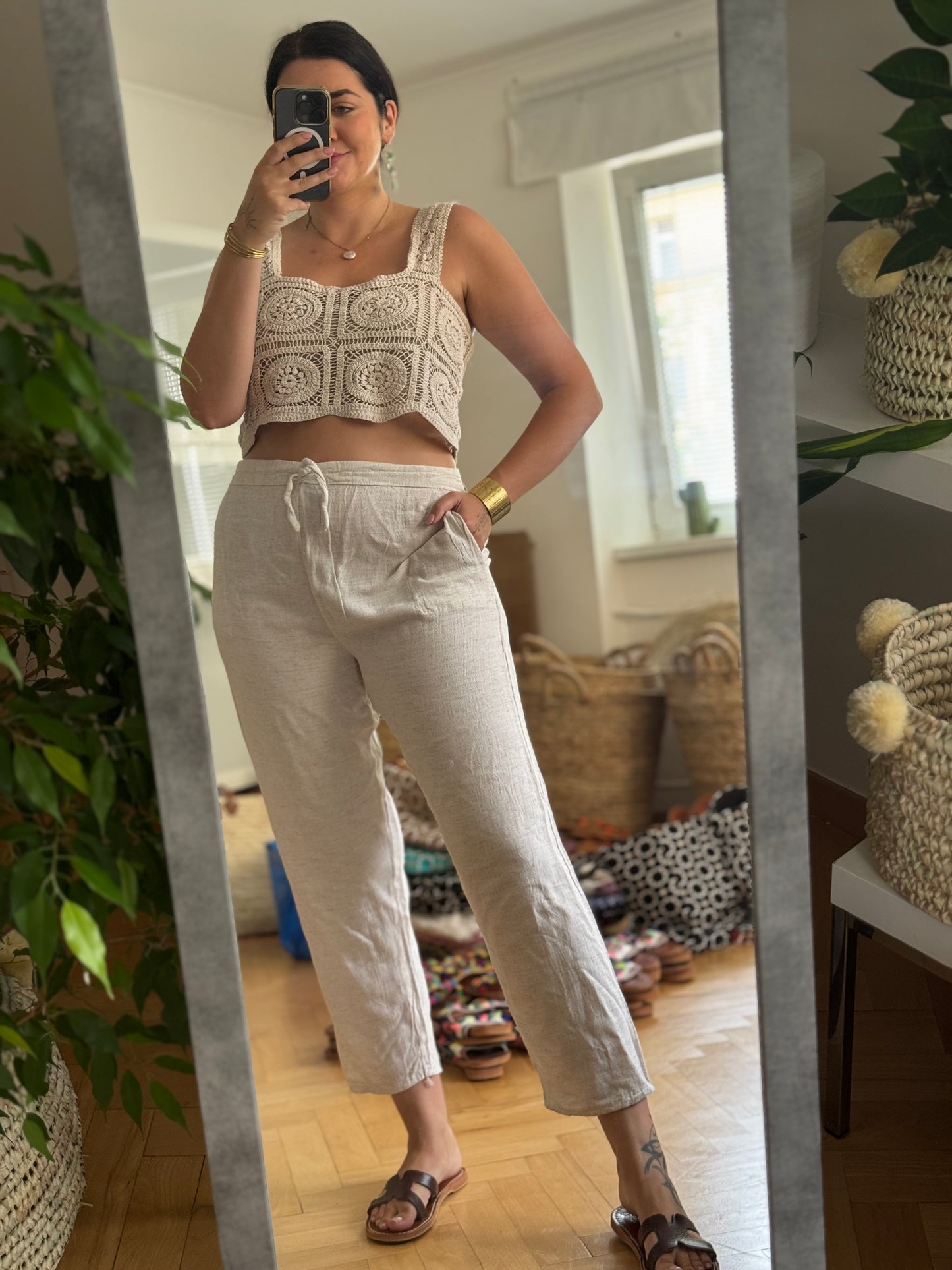 Kalhoty v pase na gumu bavlna/len