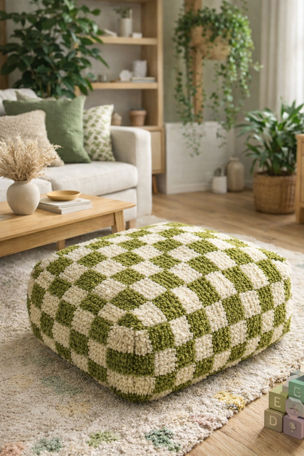 Sedací puf kostka vlna světle zelená