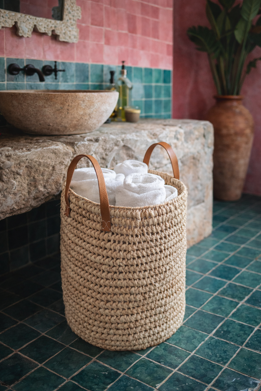 Koš otevřený s koženými držadly