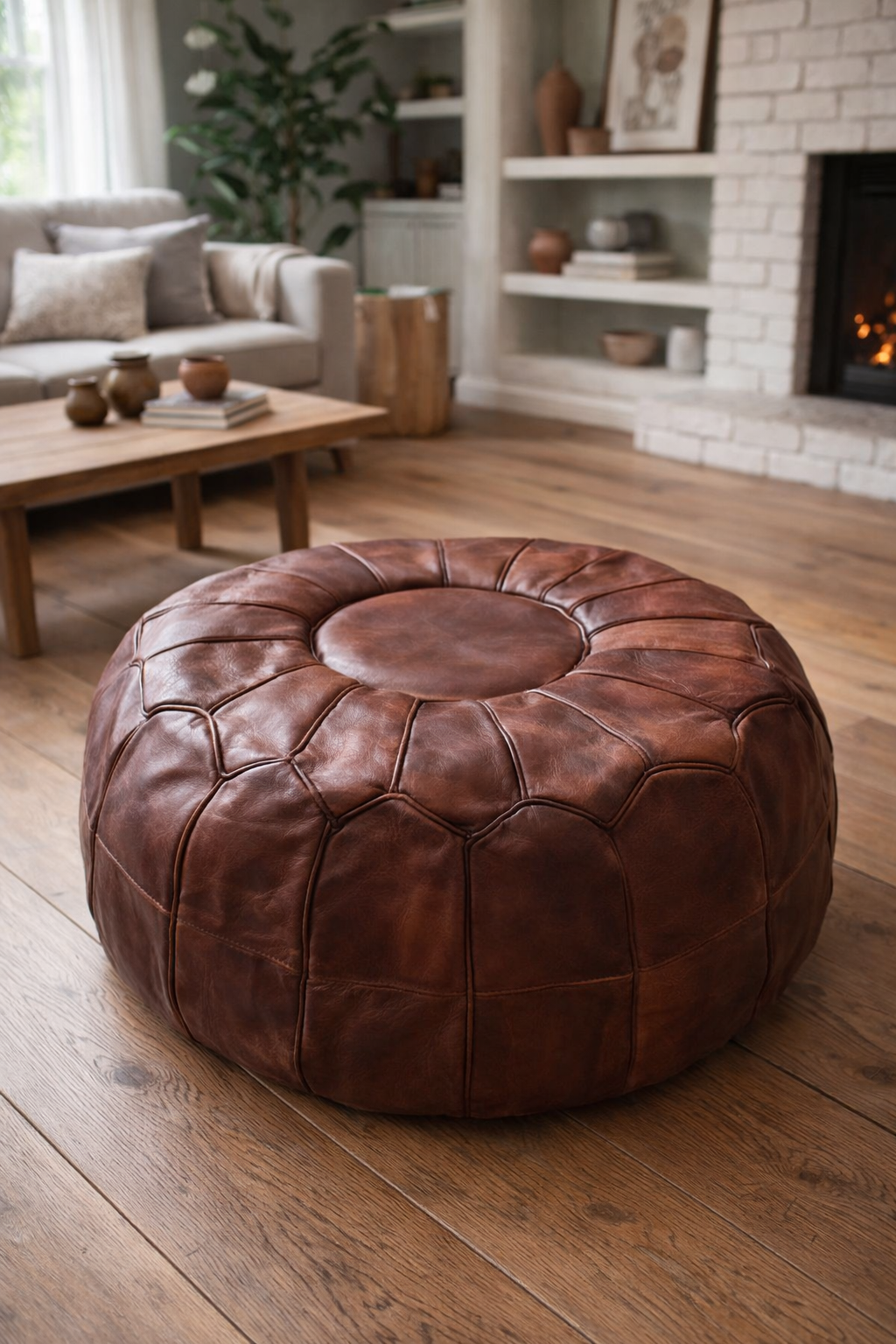 Kožený puf bez prošití 50cm