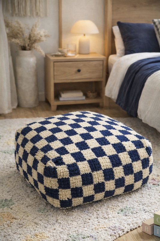 Sedací puf kostka vlna tmavě modrá