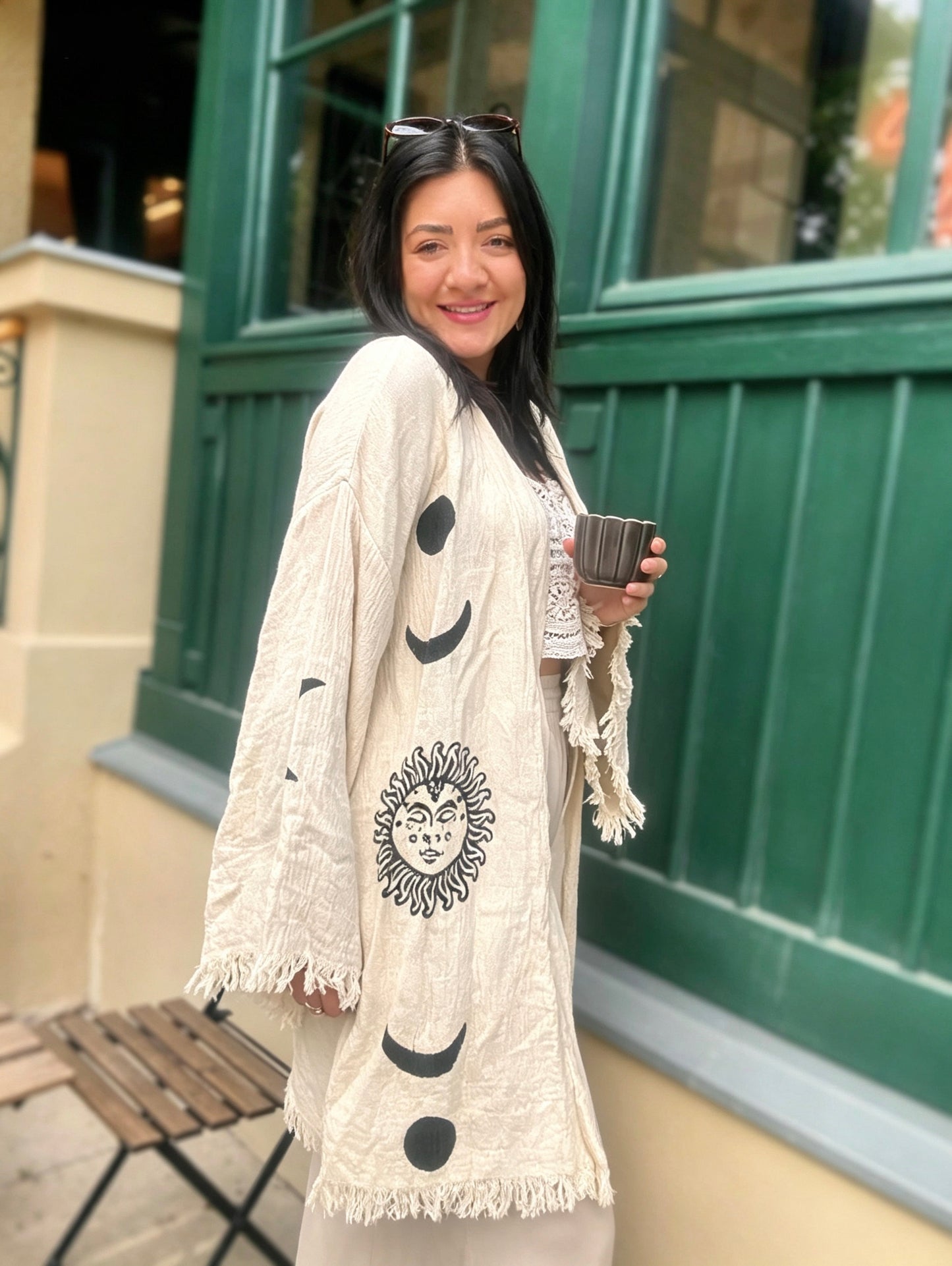 Boho kimono krátké 100% bavlna s ručním potiskem Sun&Moon