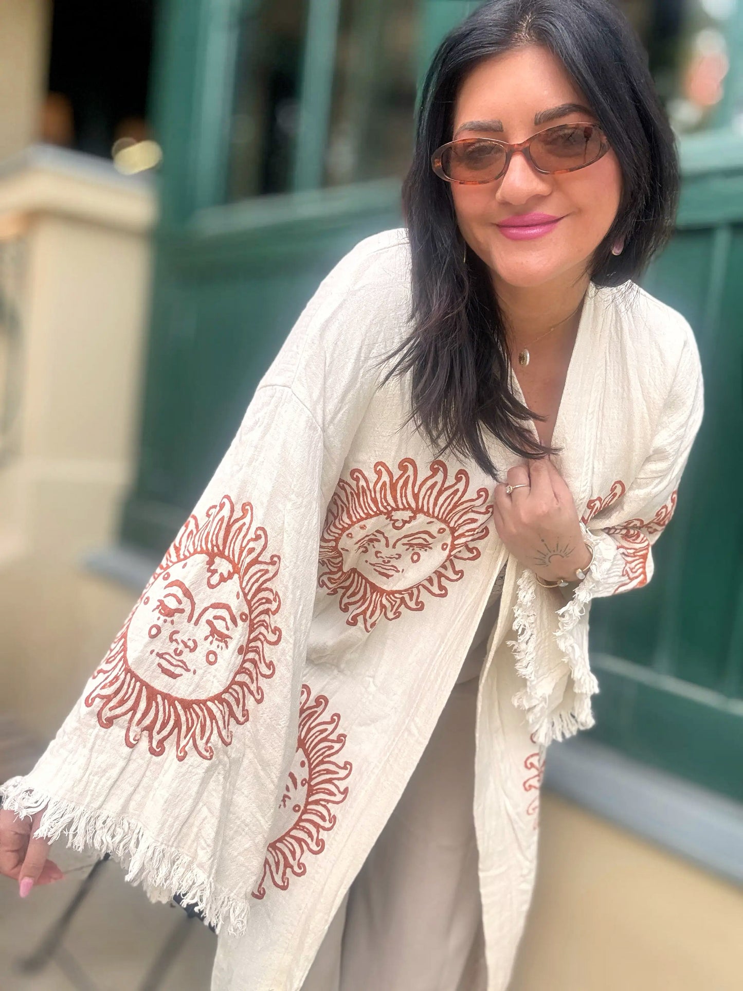 Boho dlouhé kimono 100% bavlna s ručním potoskem Orange Sun
