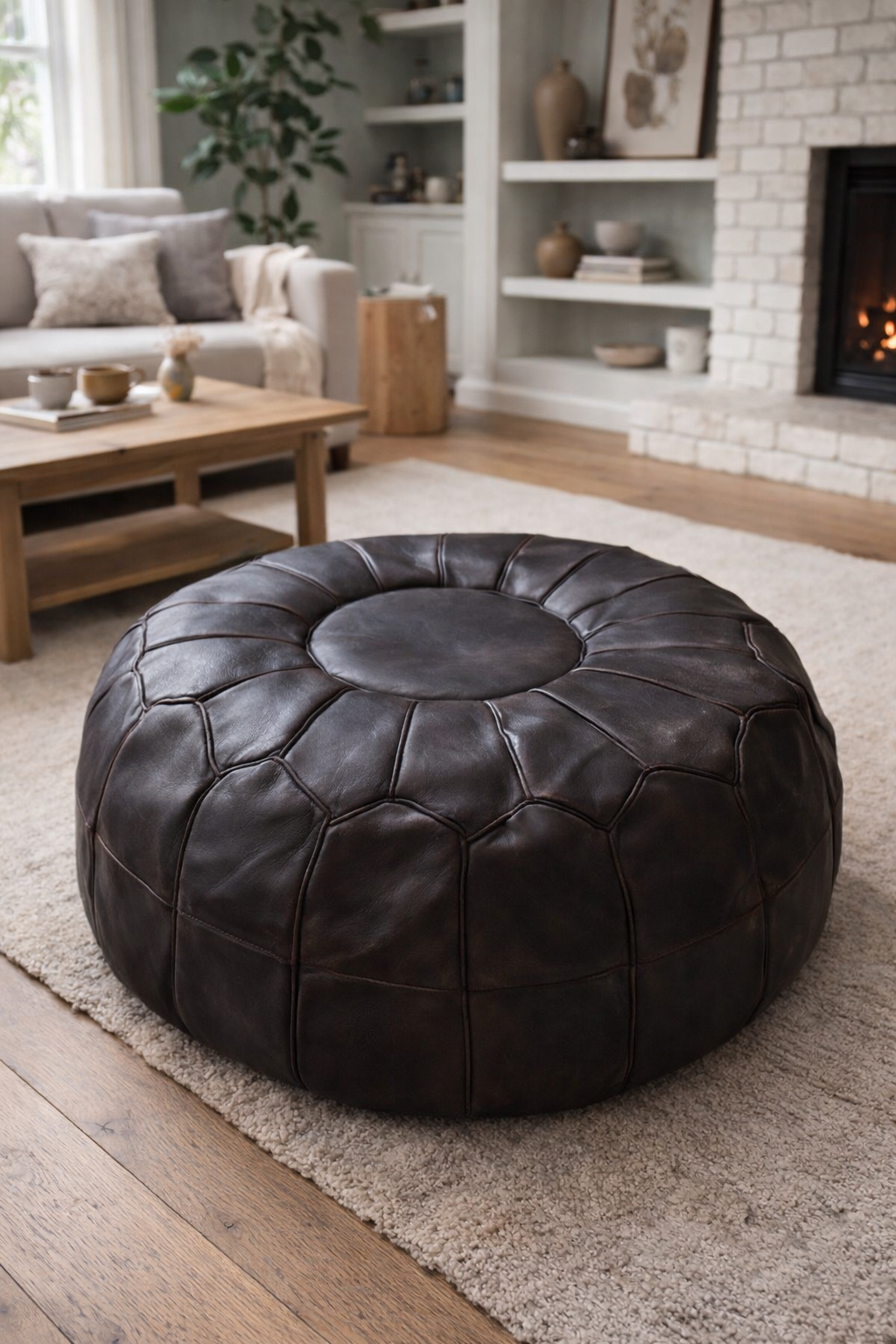 Kožený puf bez prošití hnědý 50cm