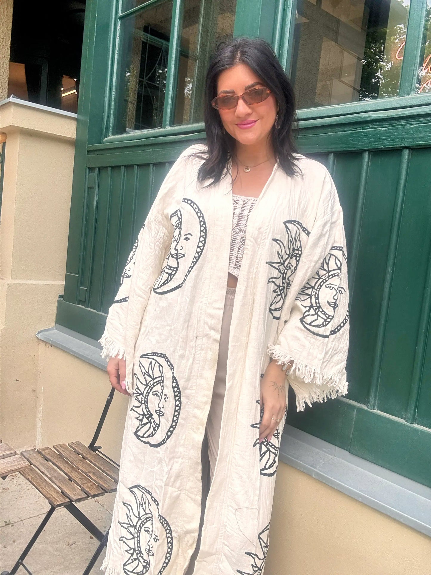 Boho dlouhé kimono 100% bavlna s ručním potiskem Moon&Sun