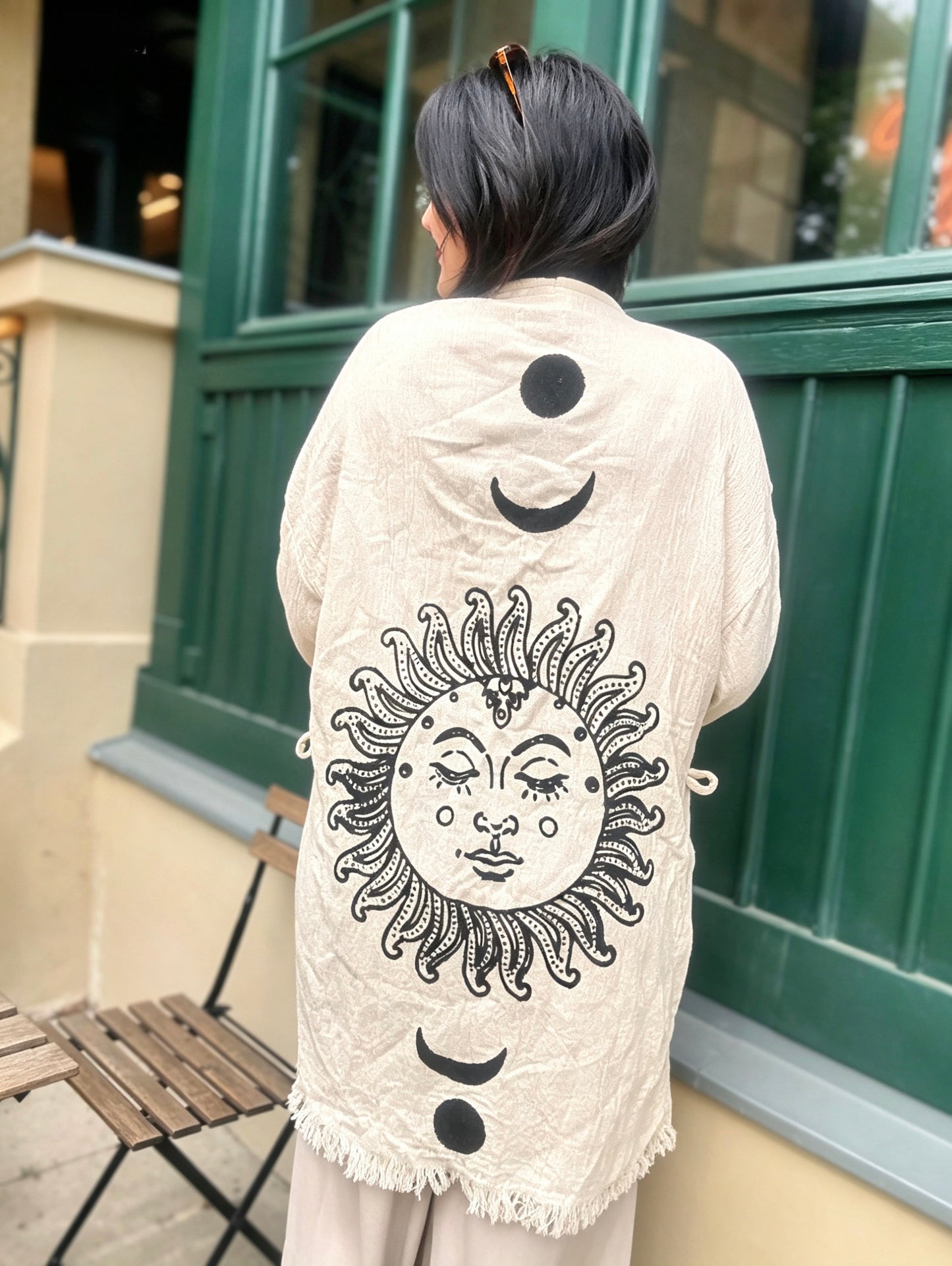 Boho kimono krátké 100% bavlna s ručním potiskem Sun&Moon