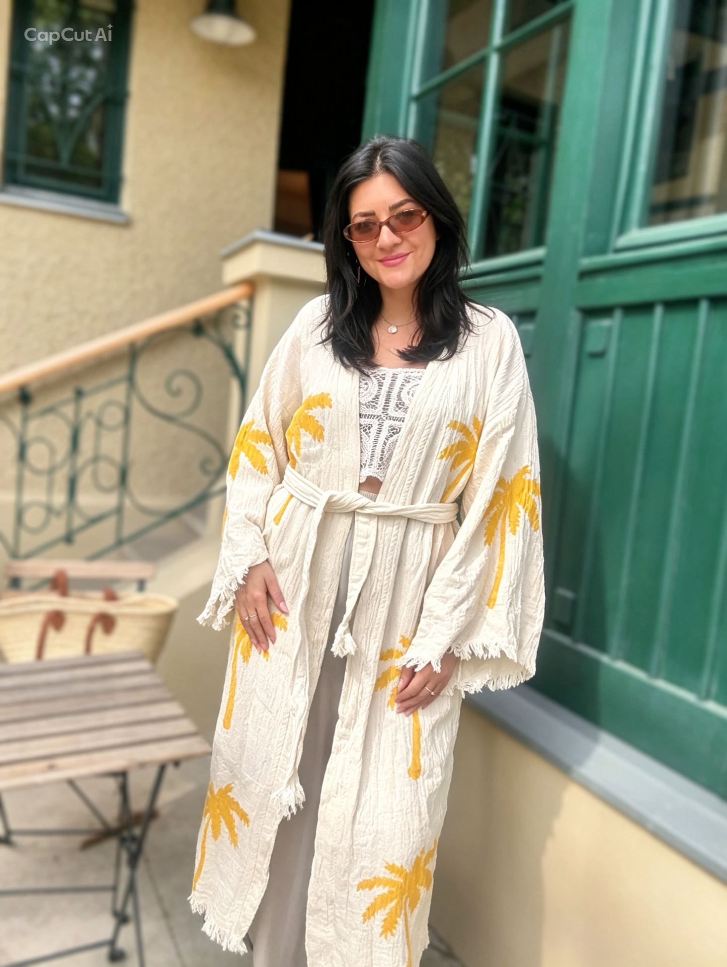 Boho kimono dlouhé 100% bavlna s ručním potiskem Palm