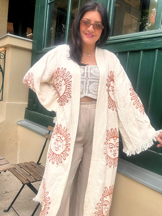 Boho dlouhé kimono 100% bavlna s ručním potoskem Orange Sun