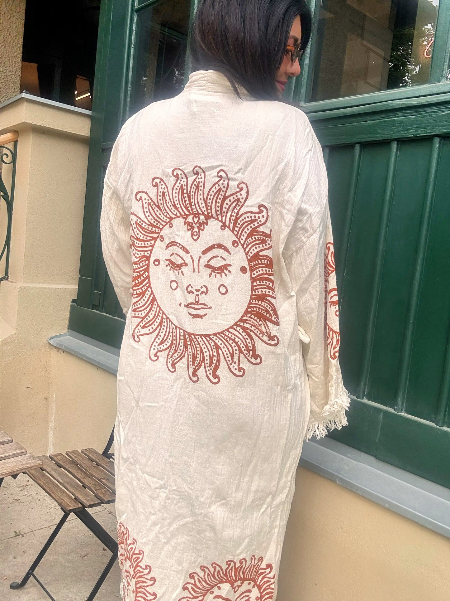 Boho dlouhé kimono 100% bavlna s ručním potoskem Orange Sun
