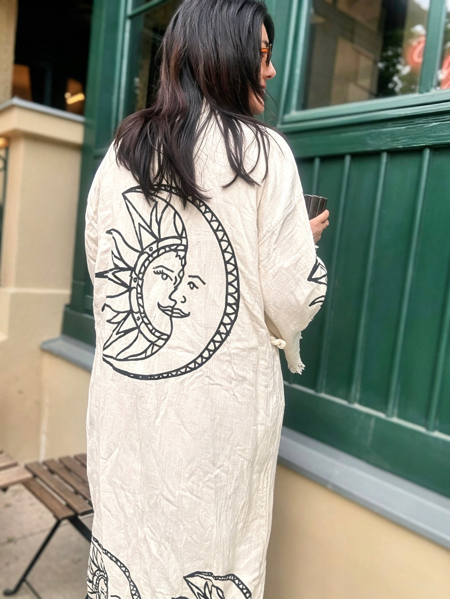 Boho dlouhé kimono 100% bavlna s ručním potiskem Moon&Sun