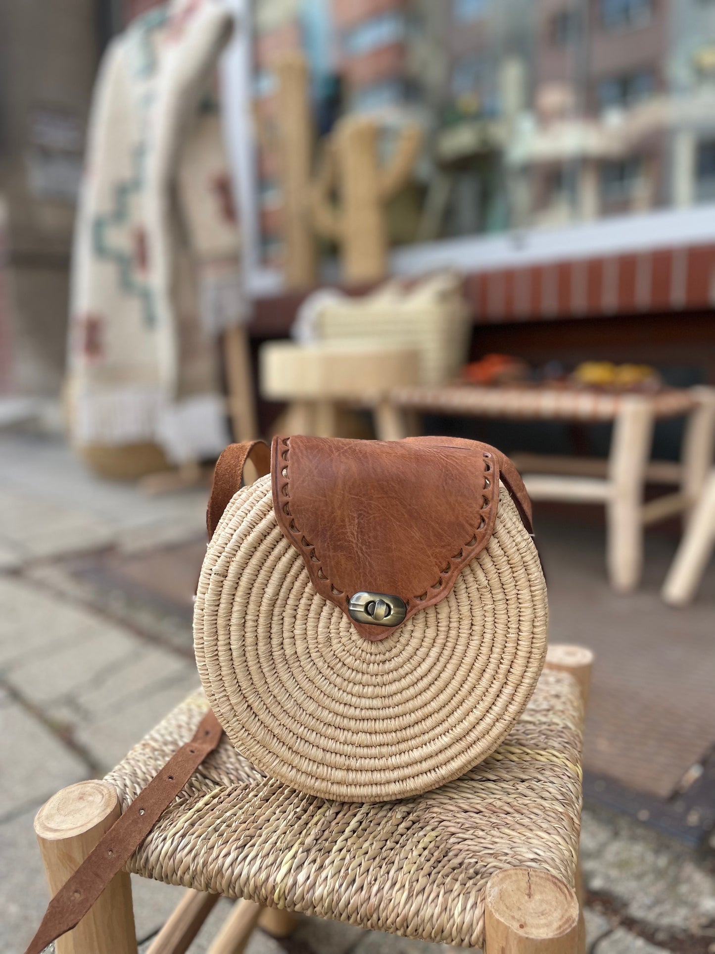 Round leather handbag
