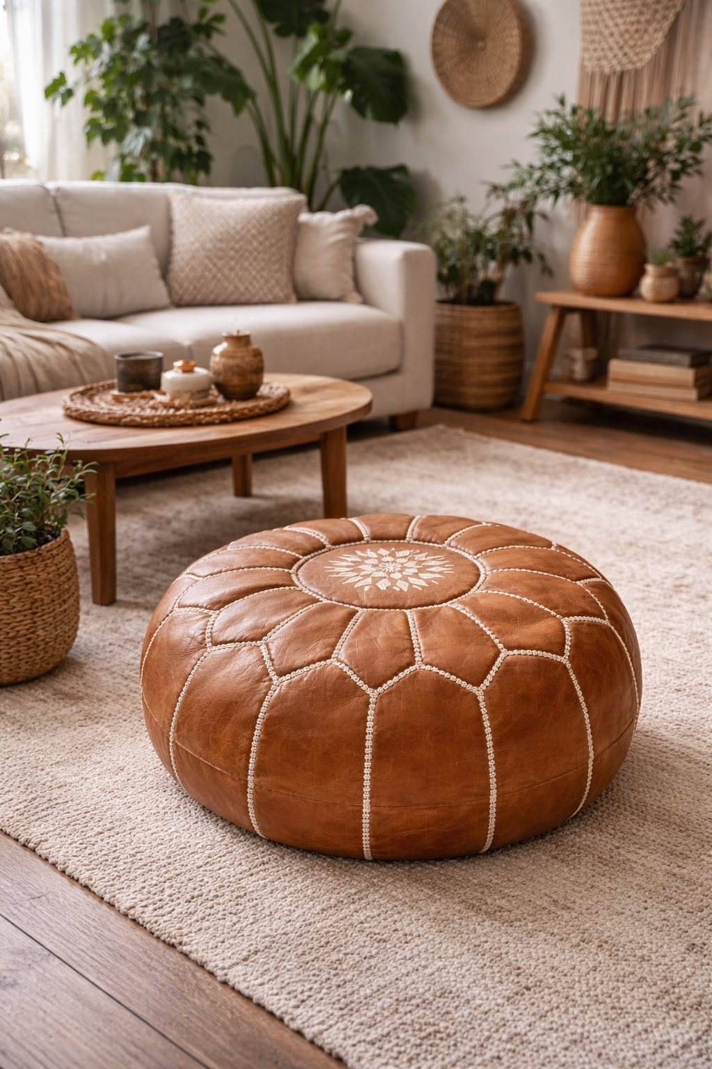 Kožený puf koňak 40cm