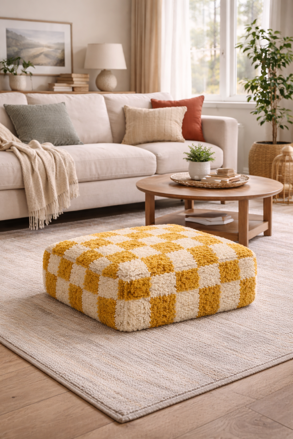 Sedací puf kostka vlna hořčicová